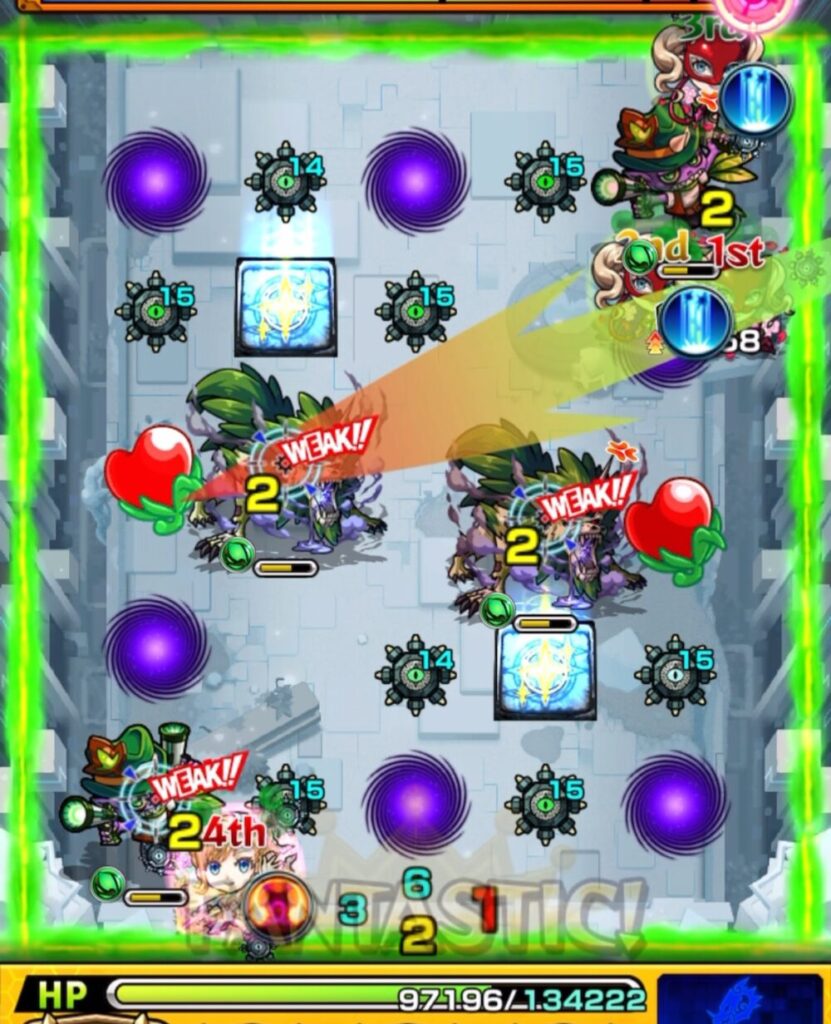 破界の星墓・パライソの星墓のステージ3。2手目でハートを避けながらオオカミに攻撃を狙ったものの、狂化状態のまま左のハートを拾ってしまい回復できなかった場面のスクリーンショット。