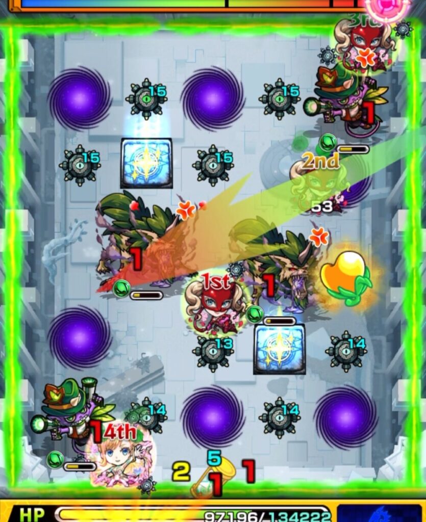 破界の星墓・パライソの星墓のステージ3。3手目で金ハートを避けながらオオカミとガンマンに攻撃し、右側のオオカミの処理に成功した場面のスクリーンショット。