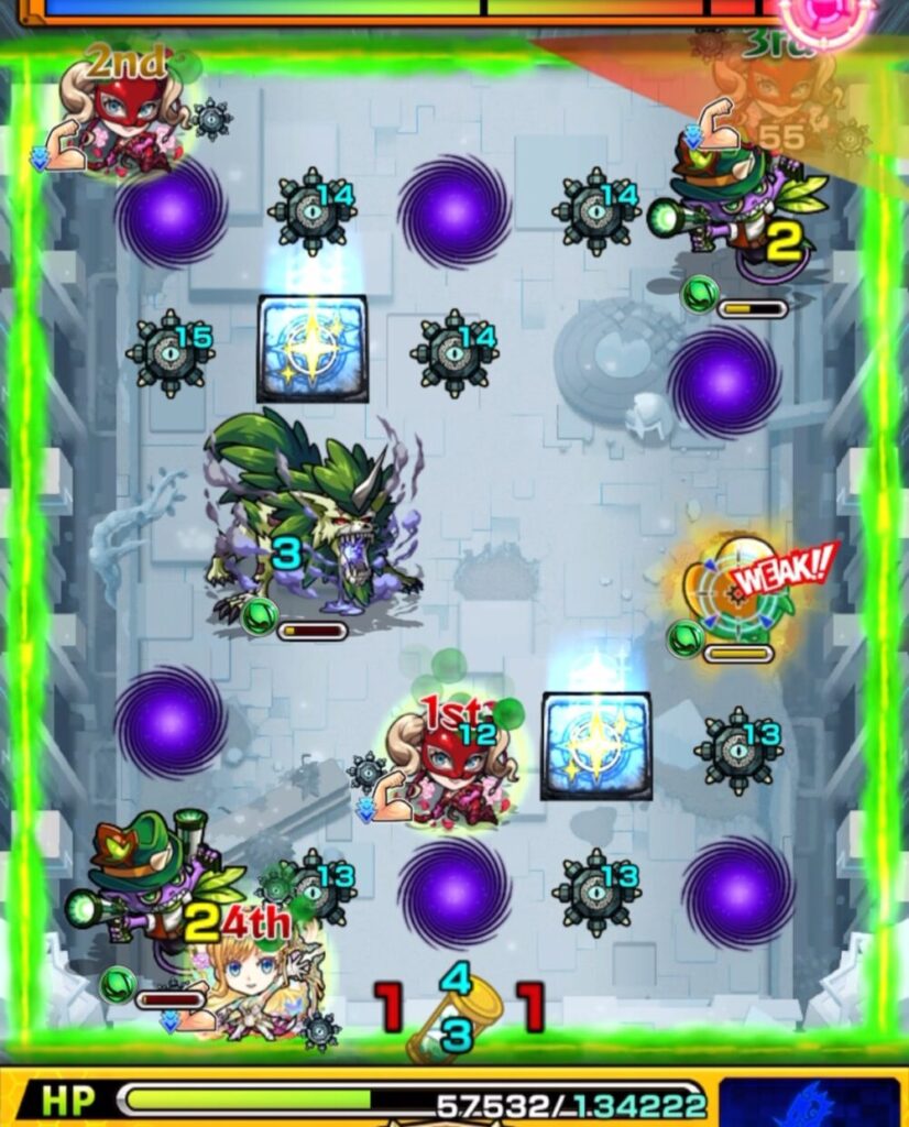 破界の星墓・パライソの星墓のステージ3。4手目でオオカミの攻撃力ダウンを受けた状態から、リセットパネル経由で金ハート回収と敵処理を狙うも、ガンマンとオオカミの撃破には成功した一方で、リセットパネルを踏めず金ハート取得に失敗した場面のスクリーンショット。