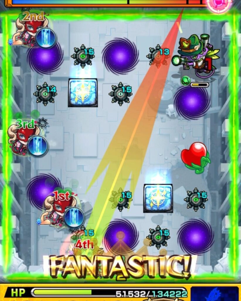 破界の星墓・パライソの星墓のステージ3。5手目で上壁とガンマンのあいだを狙って攻撃するも、オオカミの攻撃力ダウンの影響でダメージを出せなかった場面のスクリーンショット。