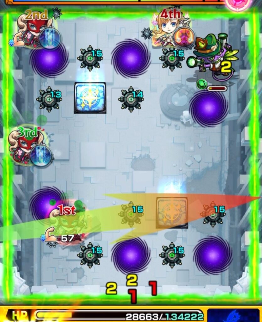 破界の星墓・パライソの星墓のステージ3。6手目でリセットパネルを踏んで攻撃力ダウンを解除し、味方経由で狂化状態を受け直して火力を上げ、ガンマンを処理してステージ突破した場面のスクリーンショット。