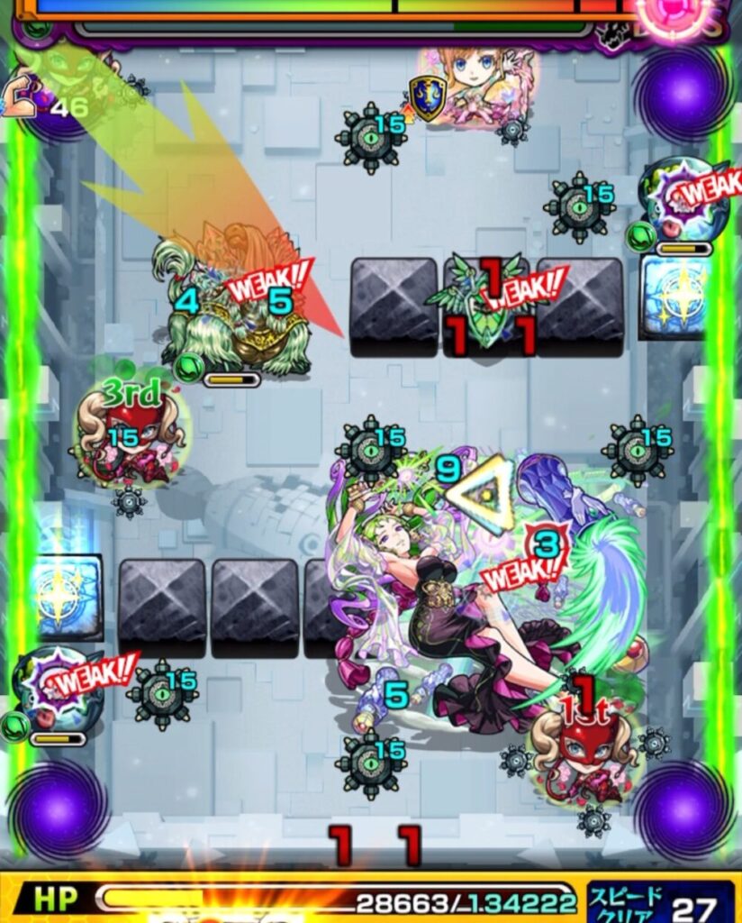 破界の星墓・パライソの星墓のボスステージ1。次ターンのシールドによるHP4攻撃が控える中、1手目でかちリンを優先して倒し、ヒーリングウォールを展開させた場面のスクリーンショット。