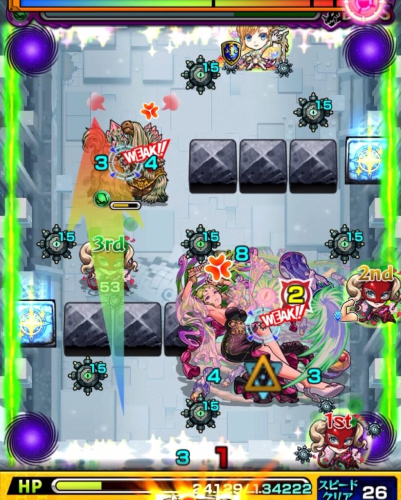 破界の星墓・パライソの星墓のボスステージ1。HPが約2万と低いため、2手目ではリセットパネルを踏んで狂化を解除し、ヒーリングウォールで回復を優先している場面のスクリーンショット。