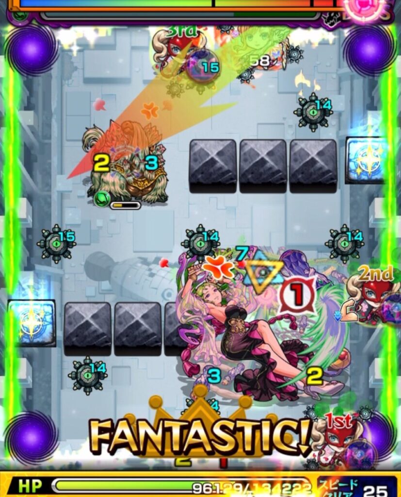 破界の星墓・パライソの星墓のボスステージ1。3手目でマナのSSを使い、キャタピランを処理しながらボスの強攻撃を遅延。キャタピランの撃破とボスへの大ダメージが同時に決まった場面のスクリーンショット。