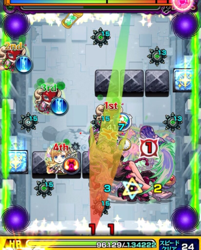 破界の星墓・パライソの星墓のボスステージ1。4手目で左側のリセットパネルを踏んで狂化を解除し、下壁とブロックのあいだを利用してヒーリングウォールでHPを全回復した場面のスクリーンショット。