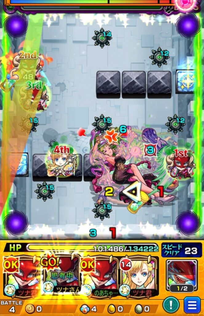 破界の星墓・パライソの星墓のボスステージ1。5手目でパンサーのSSを使い、リセットパネル経由で回復しつつボスへ割合ダメージを与え、全回復と大ダメージを同時に達成した場面のスクリーンショット。