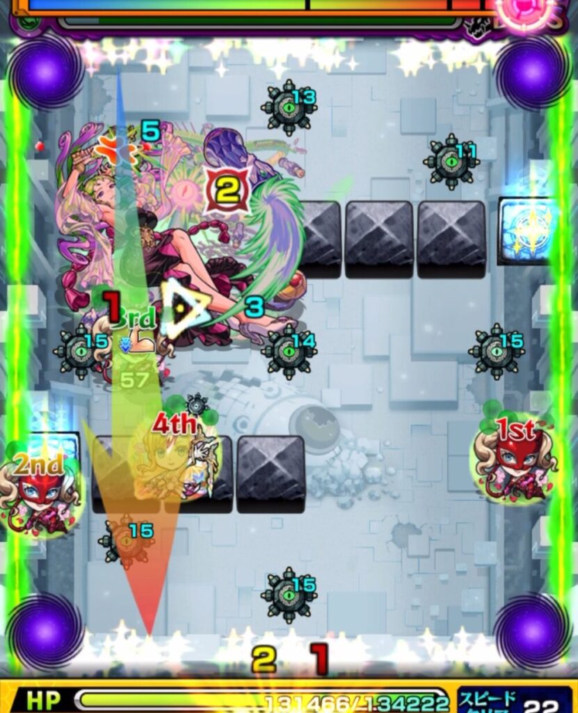 破界の星墓・パライソの星墓のボスステージ1。6手目で弱点が目の前に出ていたため、ブロックとのあいだでカンカン攻撃を行い、そのままボスを削り切って突破した場面のスクリーンショット。