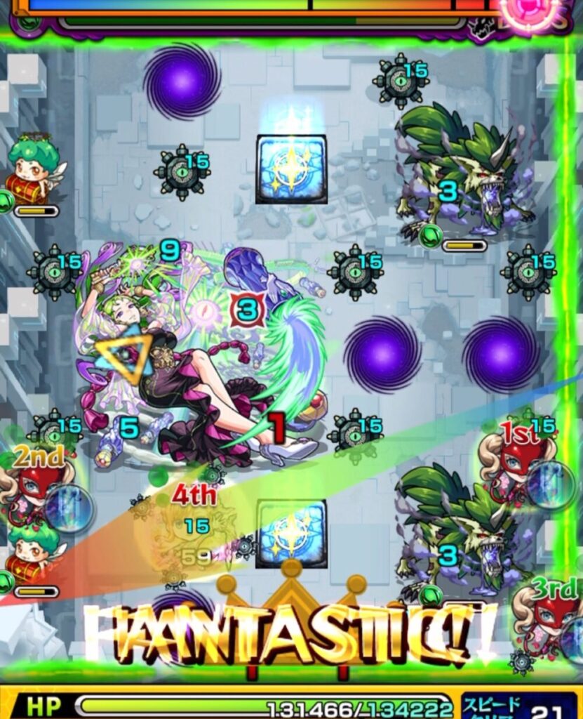 破界の星墓・パライソの星墓のボスステージ2。1手目で天使を倒してハートを出現させる狙いだったが、ランダムワープに吸われてしまい、意図せずハートを拾ってしまった場面のスクリーンショット。