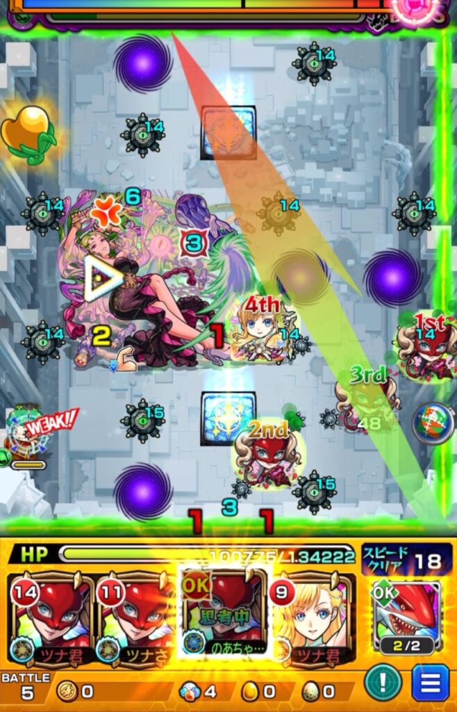 破界の星墓・パライソの星墓のボスステージ2。4手目でリセットパネルを踏んで狂化解除し、金ハートで回復しながら直殴りと友情でボスにダメージを与えている場面のスクリーンショット。