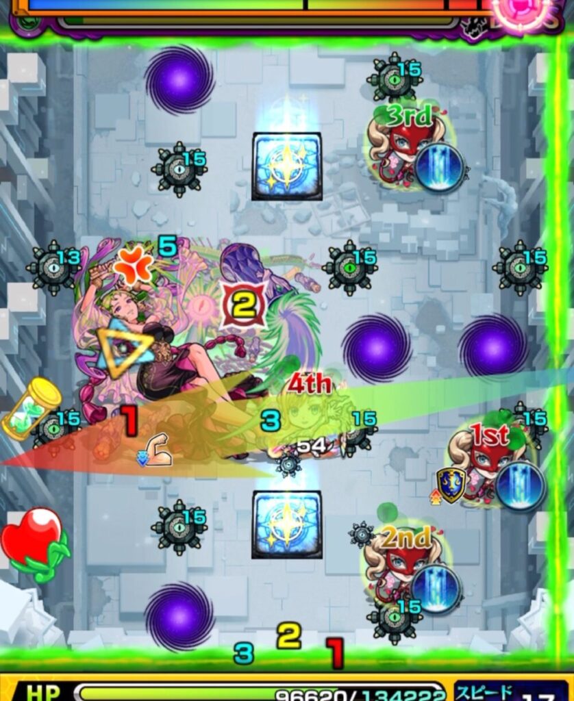 破界の星墓・パライソの星墓のボスステージ2。5手目でリセットパネル経由で狂化解除し、ハートで回復しながら友情火力でボスを削り切り、ステージ突破した場面のスクリーンショット。
