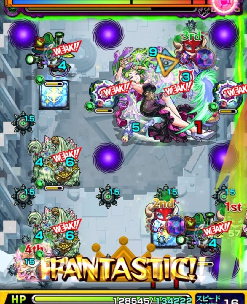 破界の星墓・パライソの星墓のボスステージ3。1手目でかちリンを優先して攻撃し、2体とも処理してヒーリングウォールを展開させた場面のスクリーンショット。