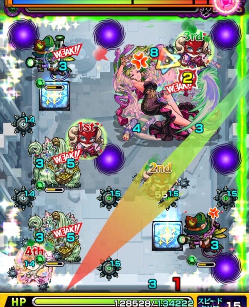 破界の星墓・パライソの星墓のボスステージ3。2手目でキャタピランを直殴りしつつ、マナの友情を発動してボスと雑魚敵へ同時にダメージを与えている場面のスクリーンショット。