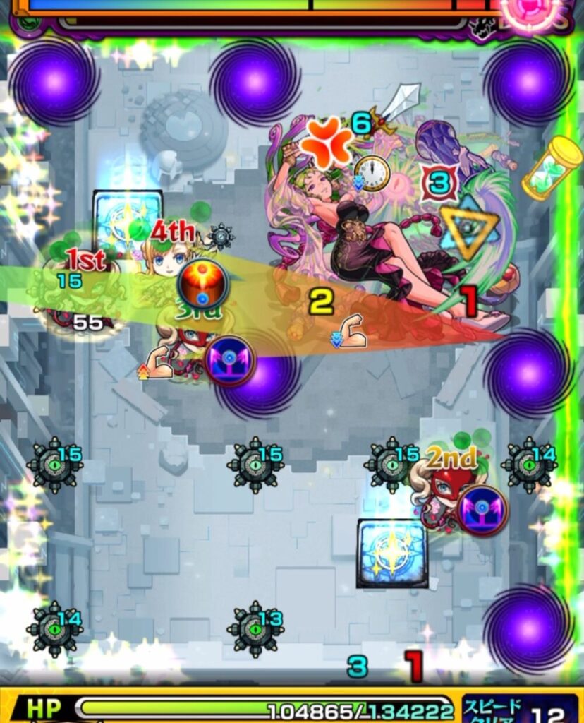 破界の星墓・パライソの星墓のボスステージ3。5手目で味方3体にふれて友情を発動し、最後のダメージを与えてボスを撃破した場面のスクリーンショット。