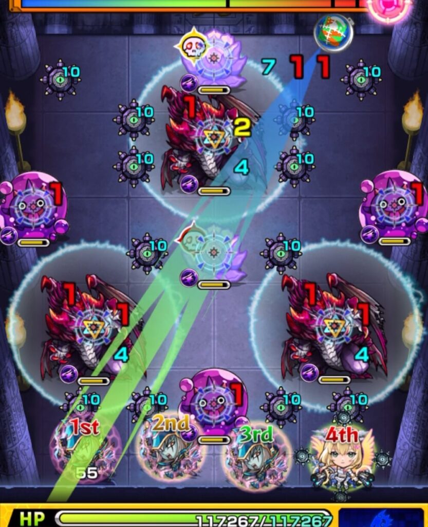 ステージ1の1手目で、右上のターン数1の位置を狙い、ぷよリン3体と華を同時処理して防御ダウンを発動させたプレイ画面