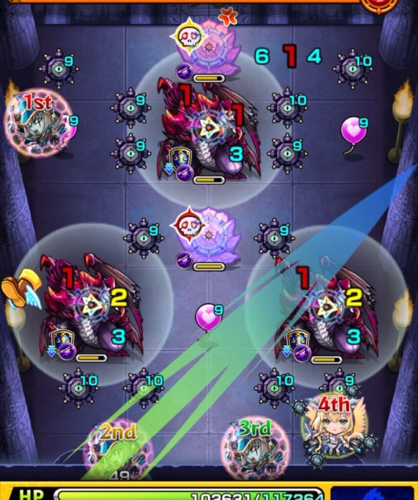 ステージ1の2手目で、上の華を倒さないようにバルーンを付与しつつダークドラゴンを攻撃し、2体処理に成功した場面のスクショ