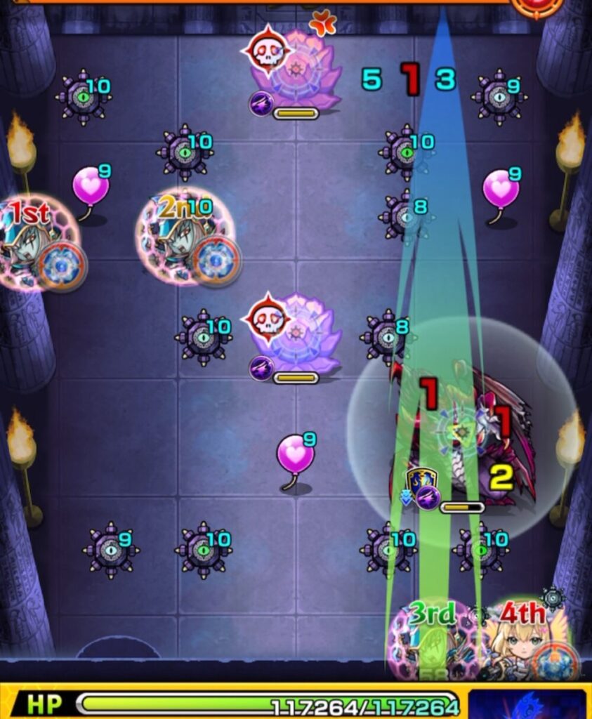 ステージ1の3手目で、バルーンを付与しないよう軌道を調整しつつダークドラゴンの弱点を攻撃して処理し、ステージ1を突破した場面のスクショ