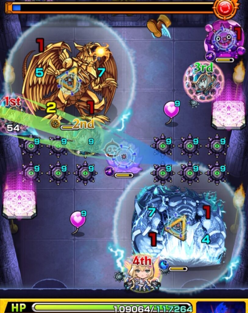 ステージ2の2手目で、華を黄色ドクロで処理して防御ダウンを発動させ、ラーの翼神竜とオベリスクの巨神兵に防御デバフを入れたシーンのスクショ