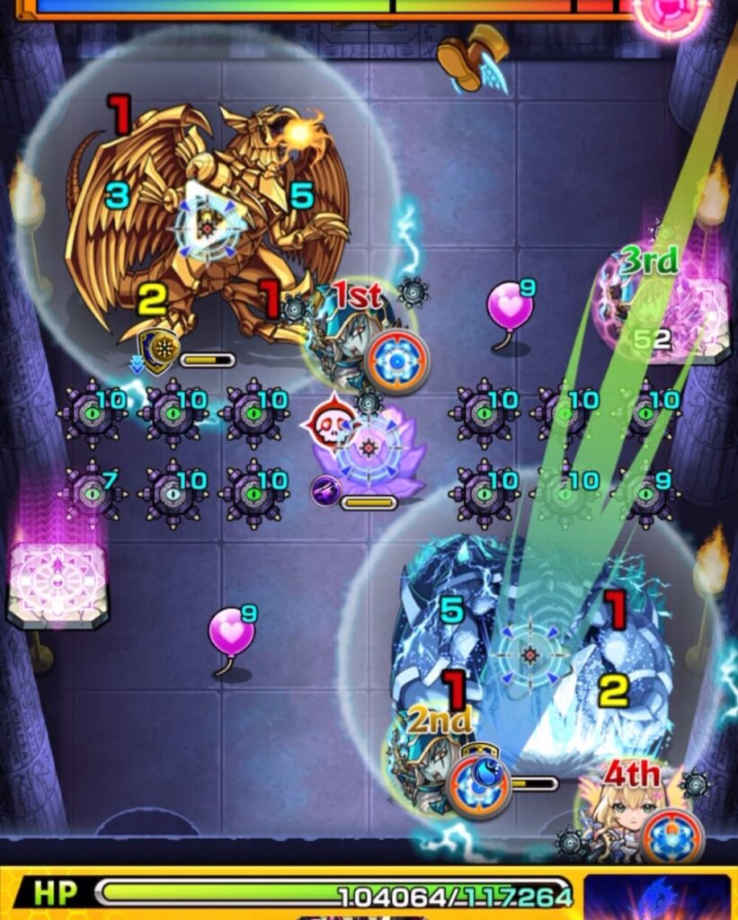 ステージ2の4手目でオベリスクの弱点を経由してラーの弱点を狙ったが、バルーンが誤付与されラーを回復させてしまった場面のスクショ