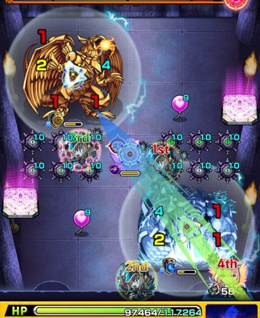 ステージ2の5手目で、エルの非重力バリアを利用して華を黄色ドクロで処理し防御ダウンを再発動。続いて闇遊戯の友情がオベリスクに当たり処理に成功した場面のスクショ。