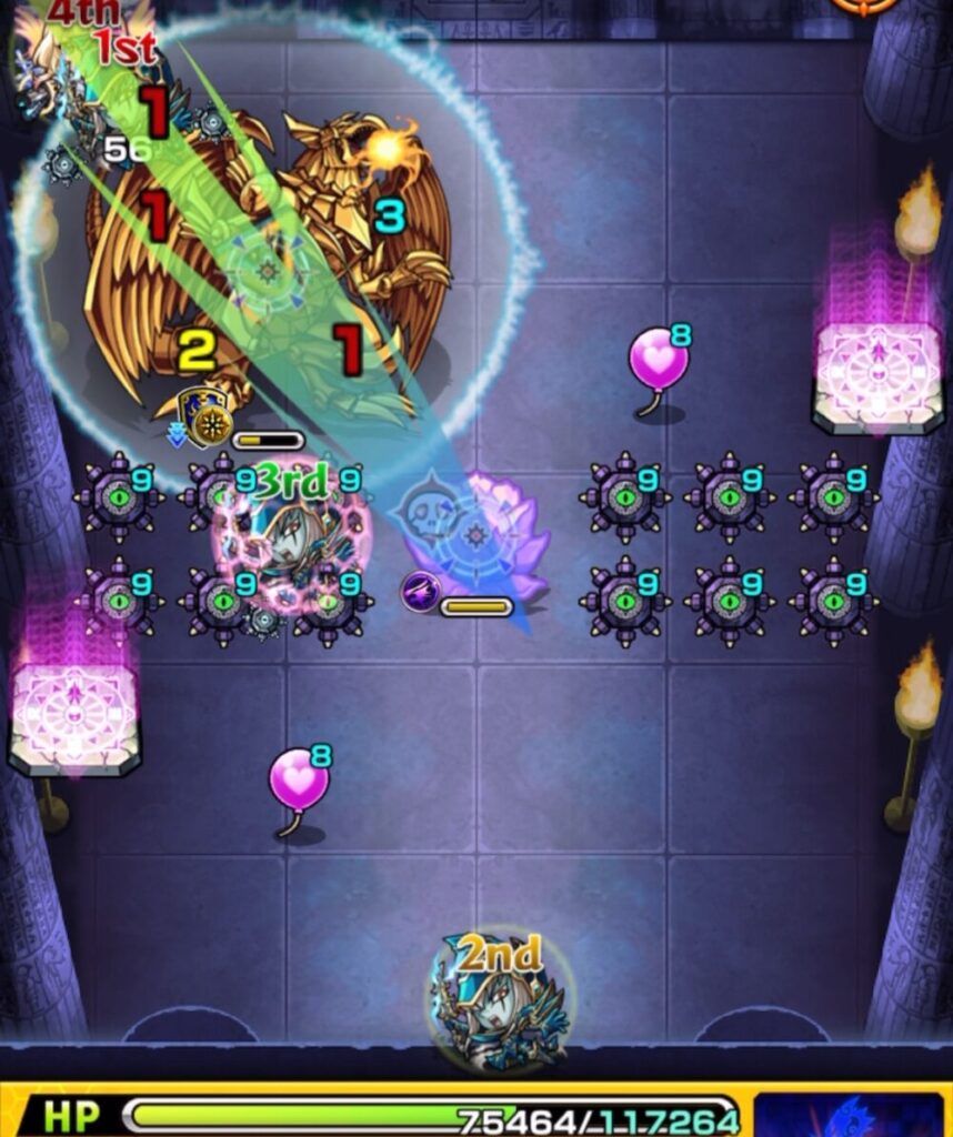 ステージ2の6手目で右下壁とラーの弱点を往復するルートで大ダメージを与え、ラーの撃破とステージ2突破に成功した場面のスクショ