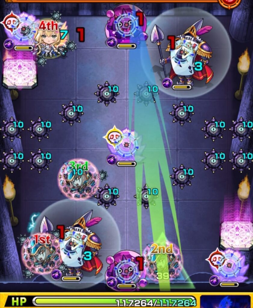 ステージ3の1手目で、黄色状態の華に2度ふれながら上下のぷよリンを同時に処理し、トランプ兵に防御ダウンを付与した場面のスクショ