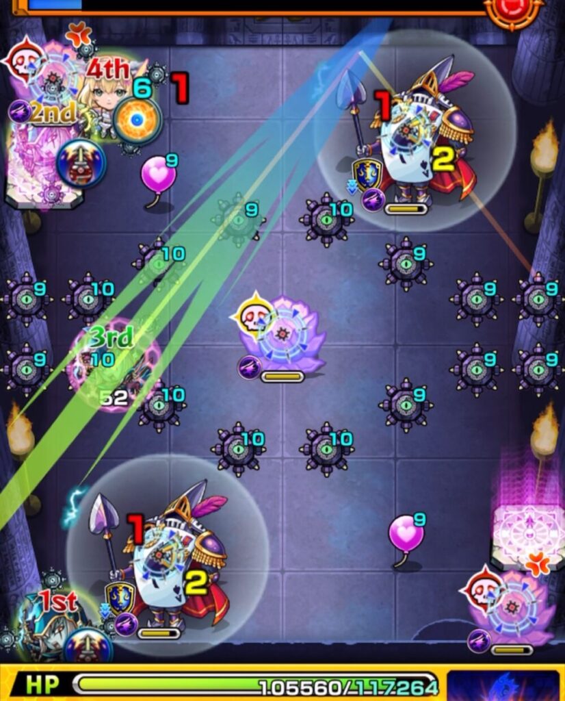 ステージ3の2手目でトランプ兵の弱点を経由しつつダメージを与え、同時に華を黄色ドクロで処理して防御ダウンを発動させた場面のスクショ