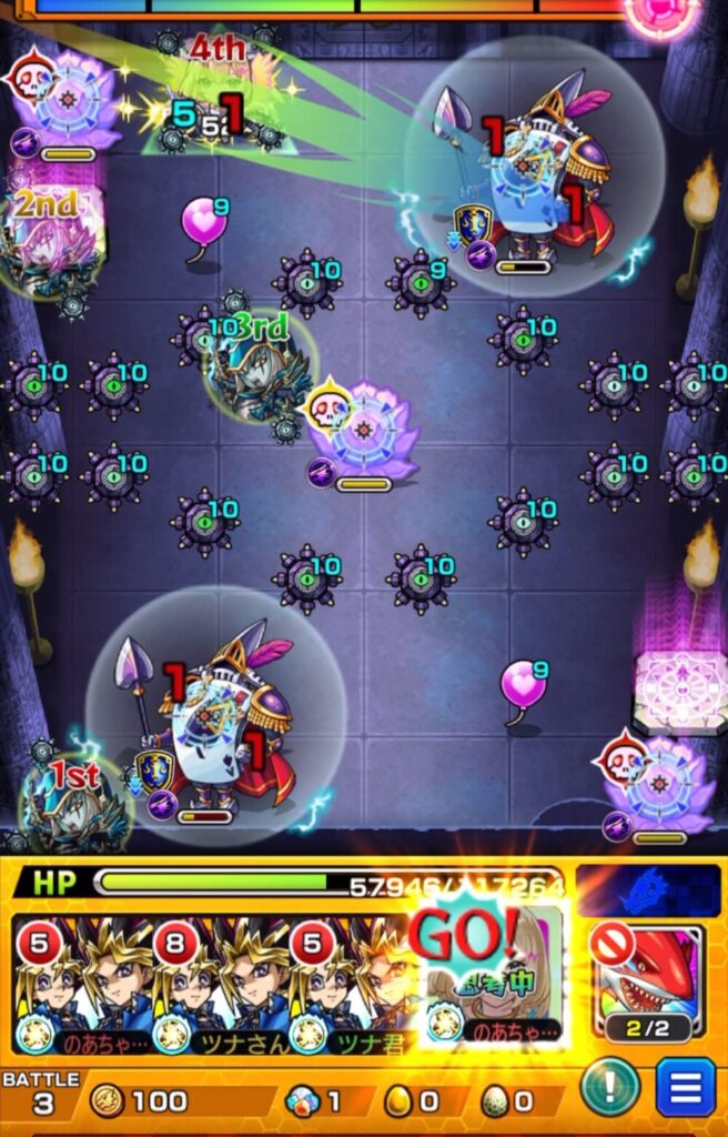 ステージ3の3手目でエルのSSを使用し、味方に攻撃力アップを付与しながらトランプ兵を同時処理。ハイエナジーサークルの被ダメを受けつつもステージ3突破に成功した場面のスクショ