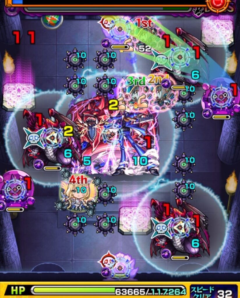 ボスステージ1の1手目で、ぷよリン2体を処理しつつ下の華を黄色ドクロで倒して防御ダウンを付与し、ダークドラゴンを弱体化させた場面のスクショ