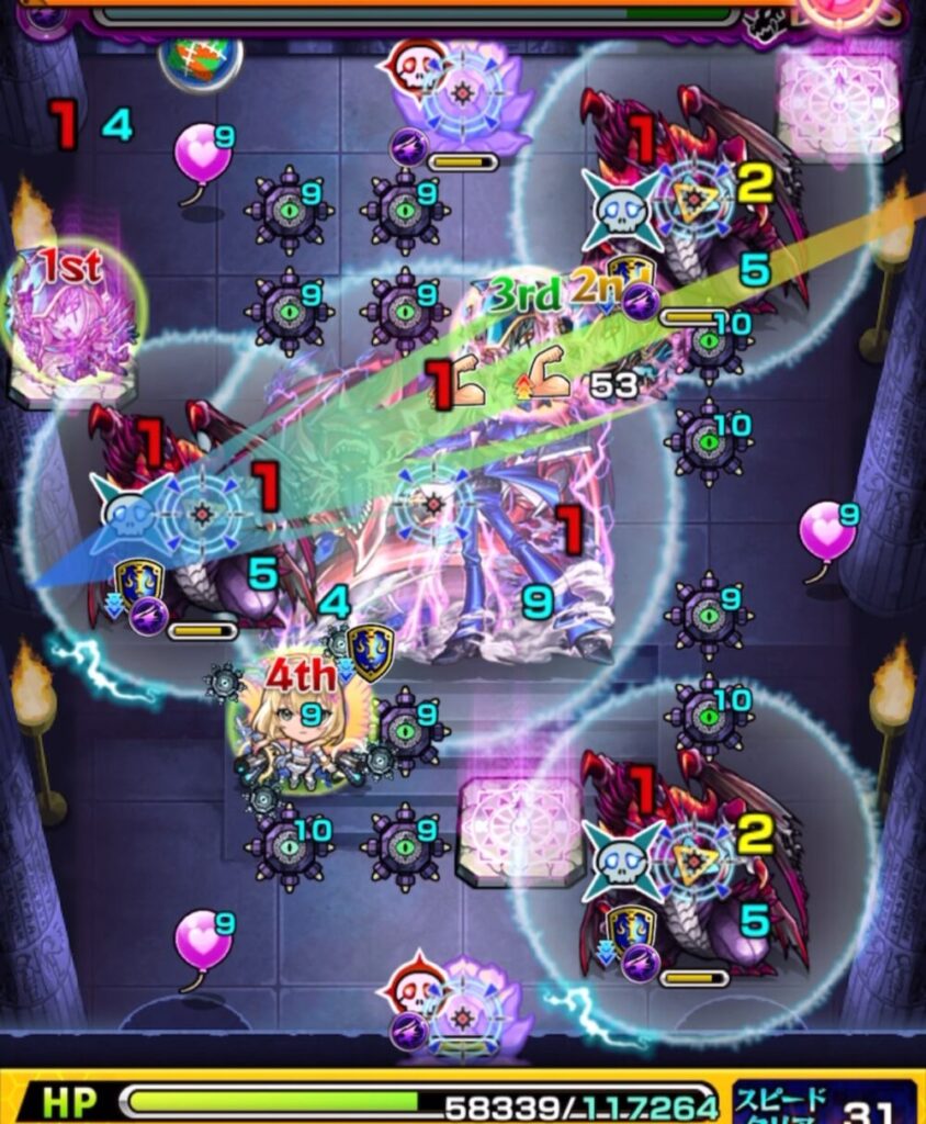 ボスステージ1の2手目で、弱点経由の攻撃とエルの友情を拾ってダークドラゴン3体を同時処理し、クロスドクロ発動でボスが実体化した場面のスクショ