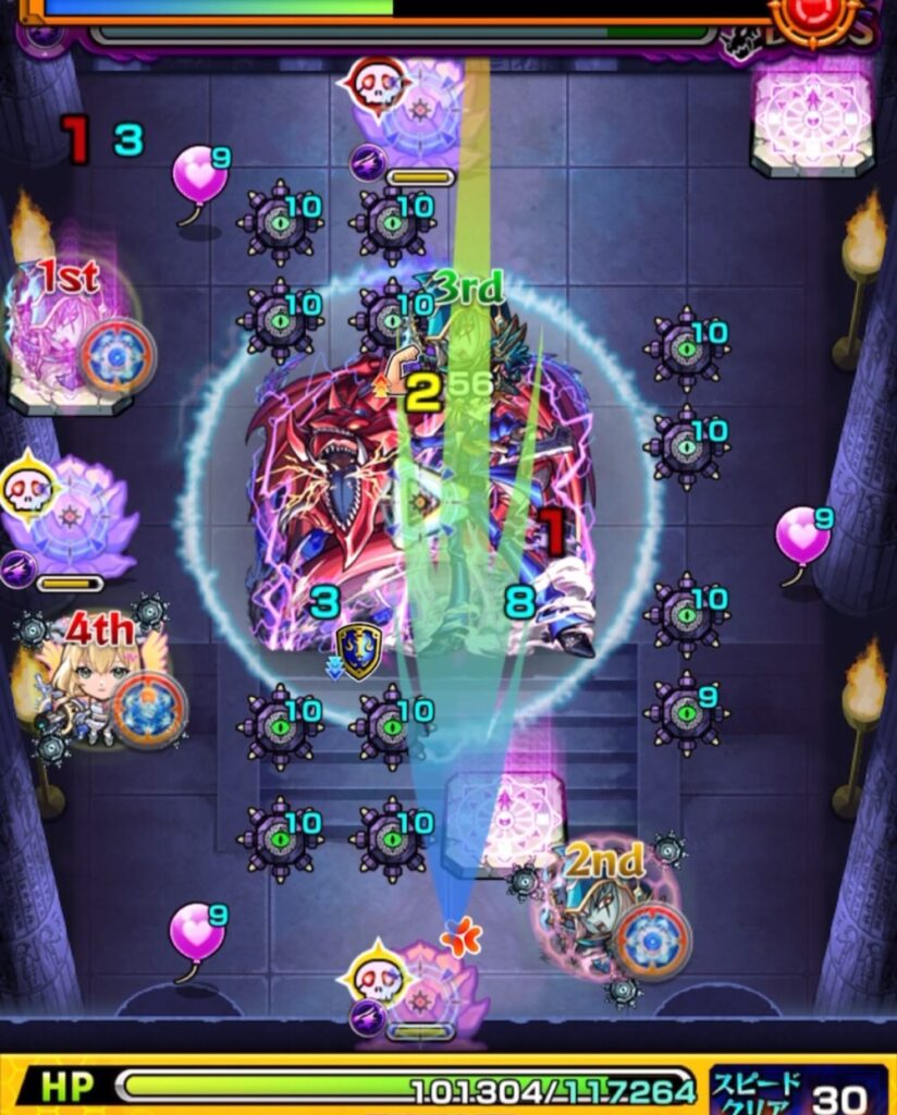 ボスステージ1の3手目で、上下の華に触れながら黄色状態で処理しつつ、弱点経由でボスへダメージを与えた場面のスクショ