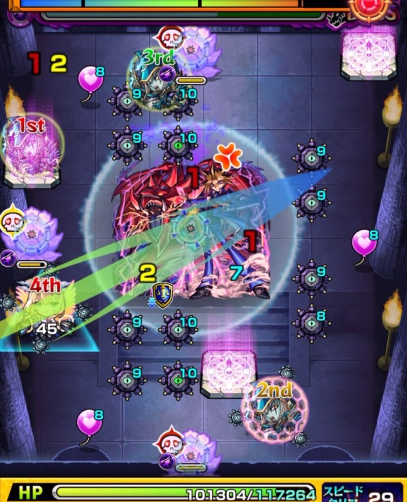 ボスステージ1の4手目で、上の華を黄色で処理しながらバルーンで味方を回復している場面のスクショ