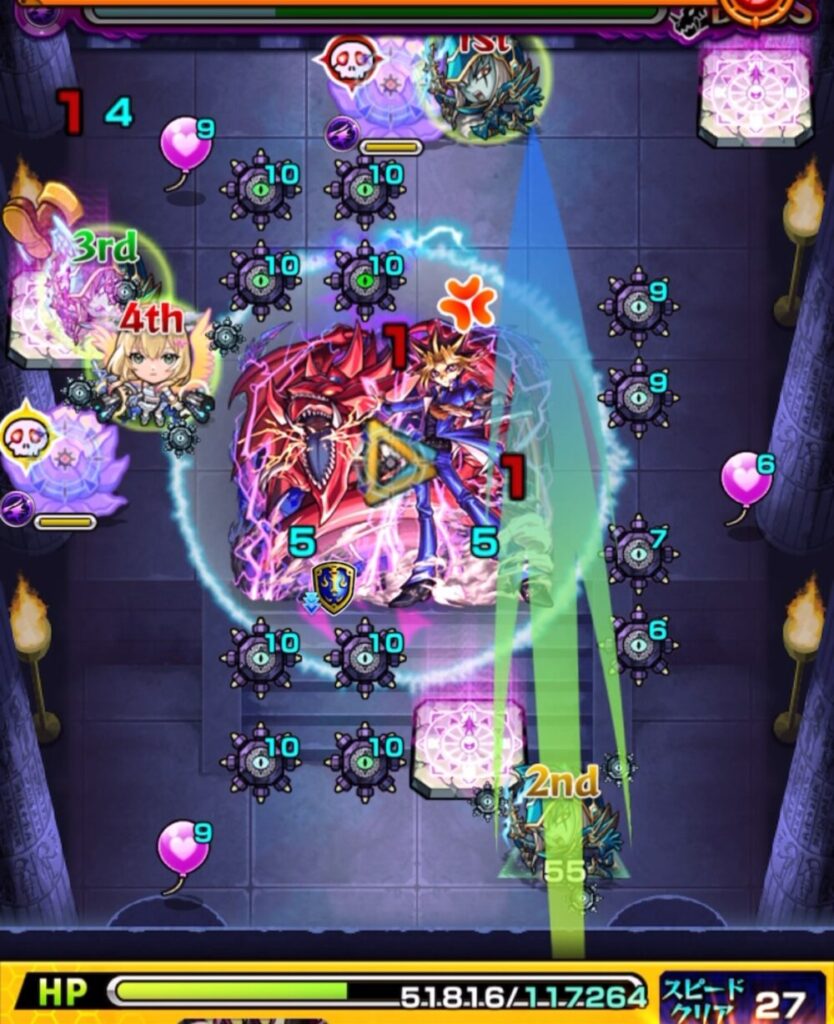 ボスステージ1の6手目で、ボス弱点を攻撃しながら華を黄色状態で処理している場面のスクショ