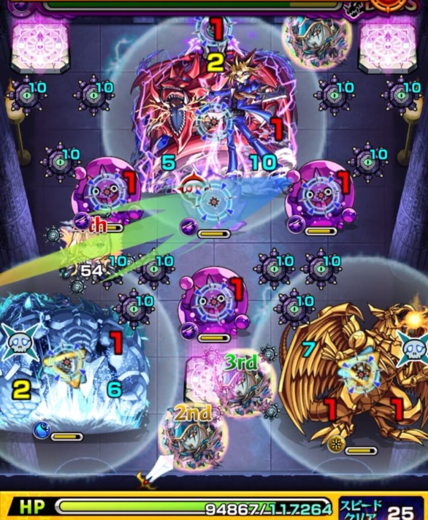 ボスステージ2の1手目で、非重力バリアのエルがぷよリン2体を処理しつつ華を黄色で倒して防御ダウン調整をする場面のスクショ