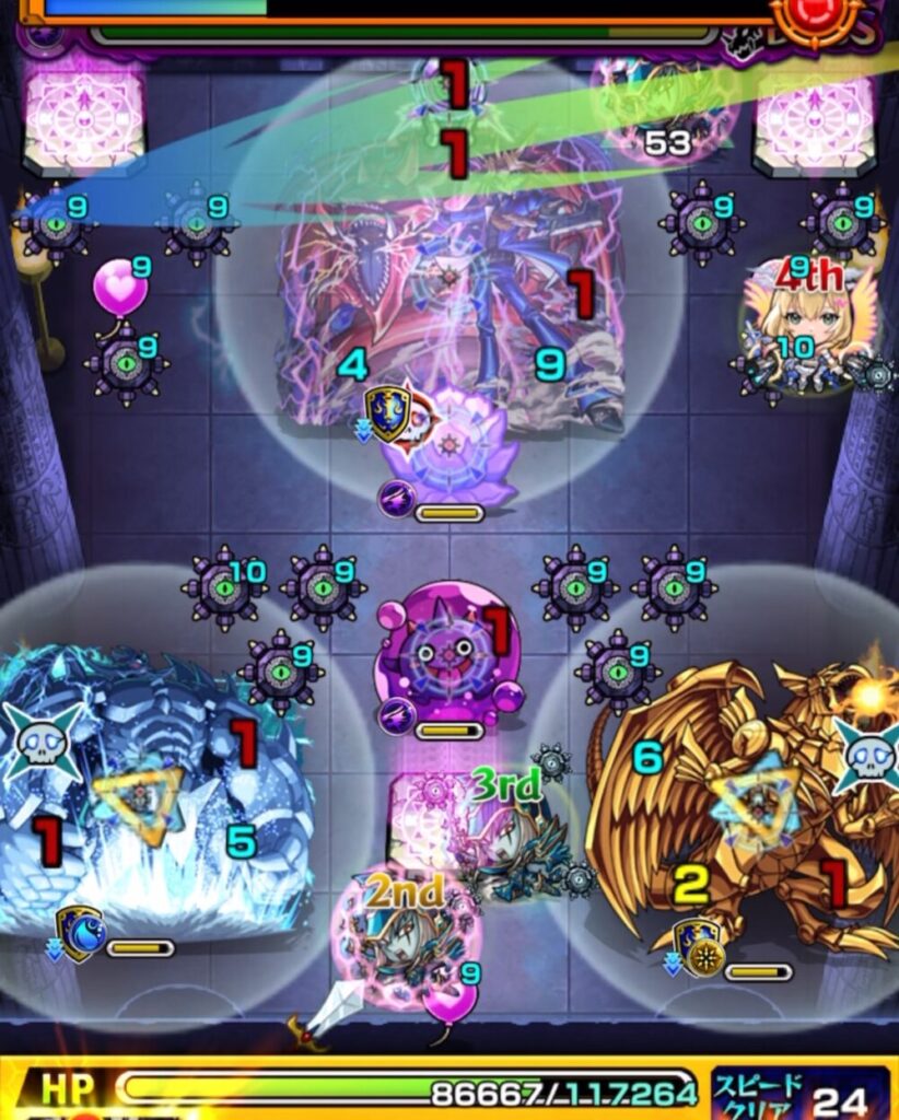 ボスステージ2の2手目で、味方にバルーンを付与しつつ華を黄色で処理したが、ラーとオベリスクにもバルーンが付与された場面のスクショ