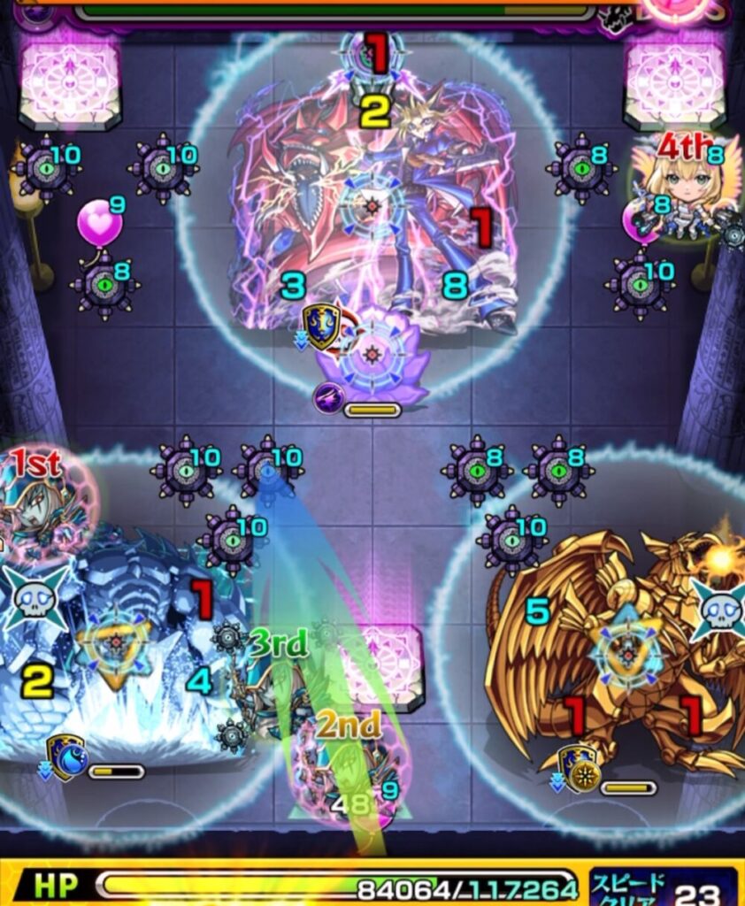 ボスステージ2の3手目で、バルーンを味方に付与しながら友情と直殴りでオベリスクの弱点を攻撃し、処理に成功した場面のスクショ