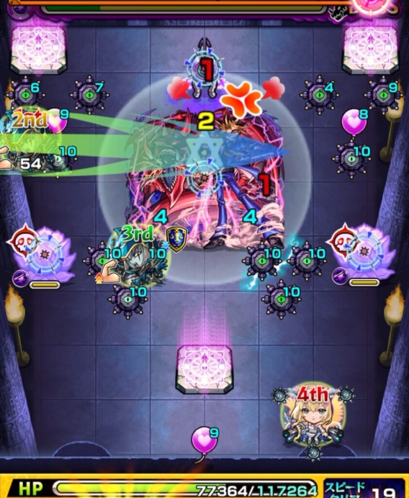 ボスステージ2の7手目で弱点を攻撃してダメージを与えたが、誤ってボスにバルーンを付与し回復させてしまった場面のスクショ