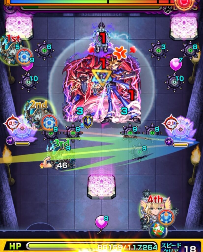 ボスステージ2の8手目で華を黄色で処理しながらボスの弱点へダメージを与え、直殴りと友情でボスを撃破した場面のスクショ