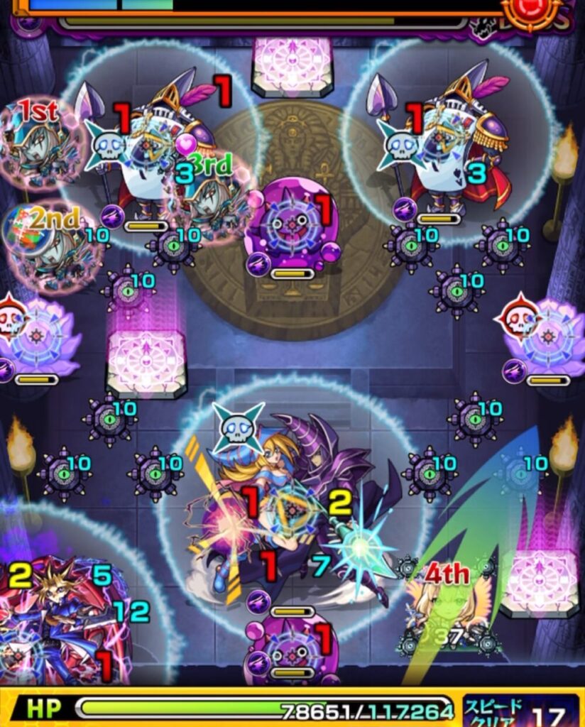 ボスステージ3の1手目で華を黄色で処理しながら上側のぷよリンを倒し、防御ダウンを維持した状態のスクショ