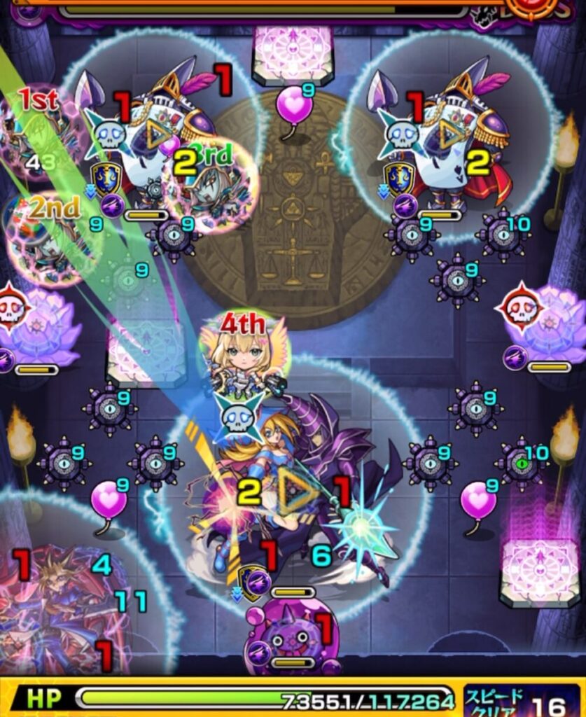 ボスステージ3の2手目でぷよリンを処理し、トランプ兵とブラックマジシャン＆ガールに同時にダメージを与えているスクショ