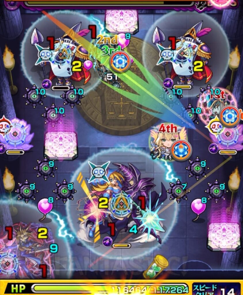 ボスステージ3の4手目で右の華にバルーン付与しながら左の華を黄色処理し、最終的に右の華も倒してダメージを受けた場面のスクショ