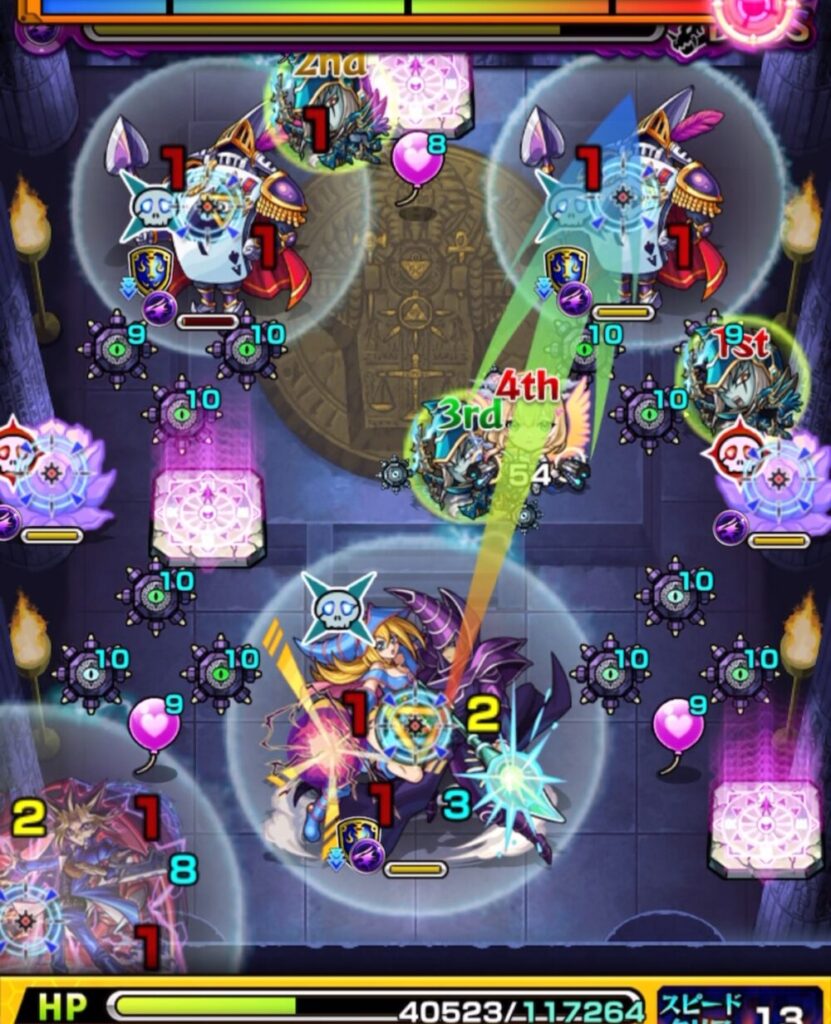 ボスステージ3の5手目で右のトランプ兵の弱点を攻撃し、華を黄色状態で処理して防御ダウンを維持した場面のスクショ