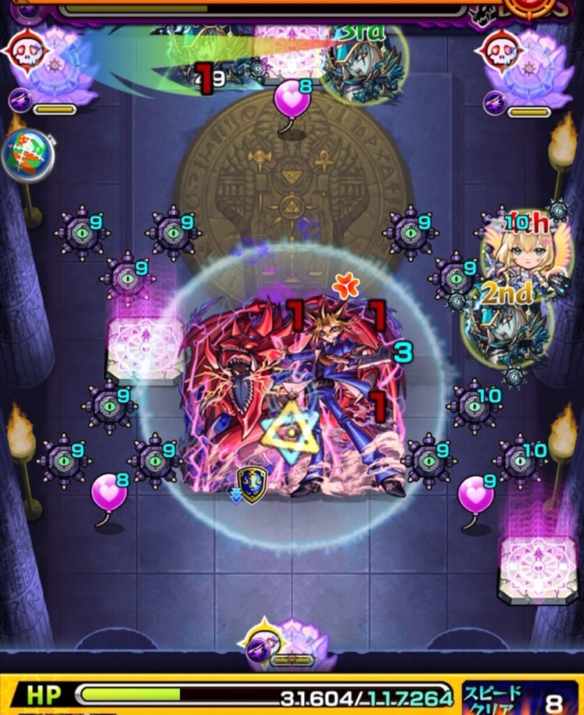 ボスステージ3の10手目、ハイエナジーサークルを避けるため華を黄色で処理して回復を優先する動きのスクショ