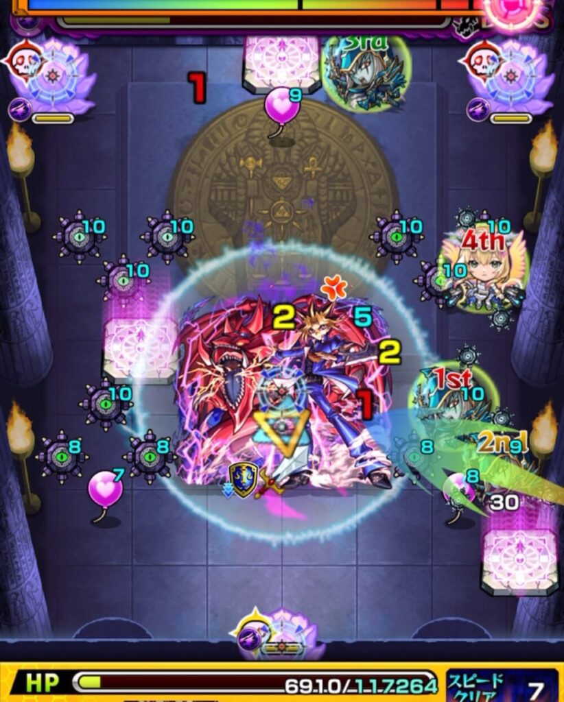 ボスステージ3の11手目、残りHP6,910で回復を優先しつつボスへダメージを与えている場面のスクショ