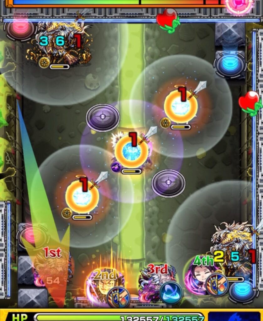 超究極チリアット・ステージ1のルート解説。縦軸で弾き、天使→魔導士→天使を経由して青テレポトンネルから右下フェンリルを狙うルート。しかし最後の天使に触れられず、防御アップ状態のフェンリルへ攻撃が通らなかった失敗ルートを示すステージクリア画面のスクショ。