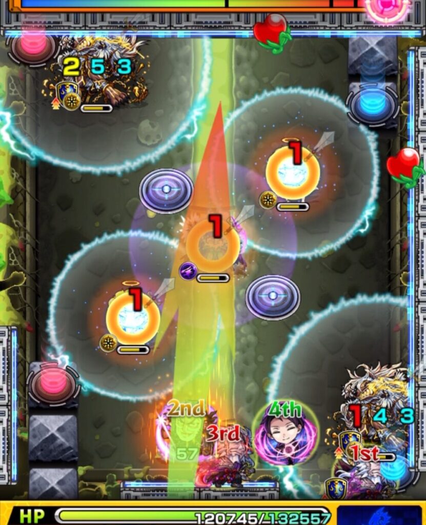 ステージ1の2手目で、魔導士 → 天使の順に触れて防御ダウンを発動し、青テレポトンネルを狙う動き。テレポトンネルには入れなかったが下壁とフェンリルの隙間に入り、フェンリルの処理に成功している場面のスクリーンショット。