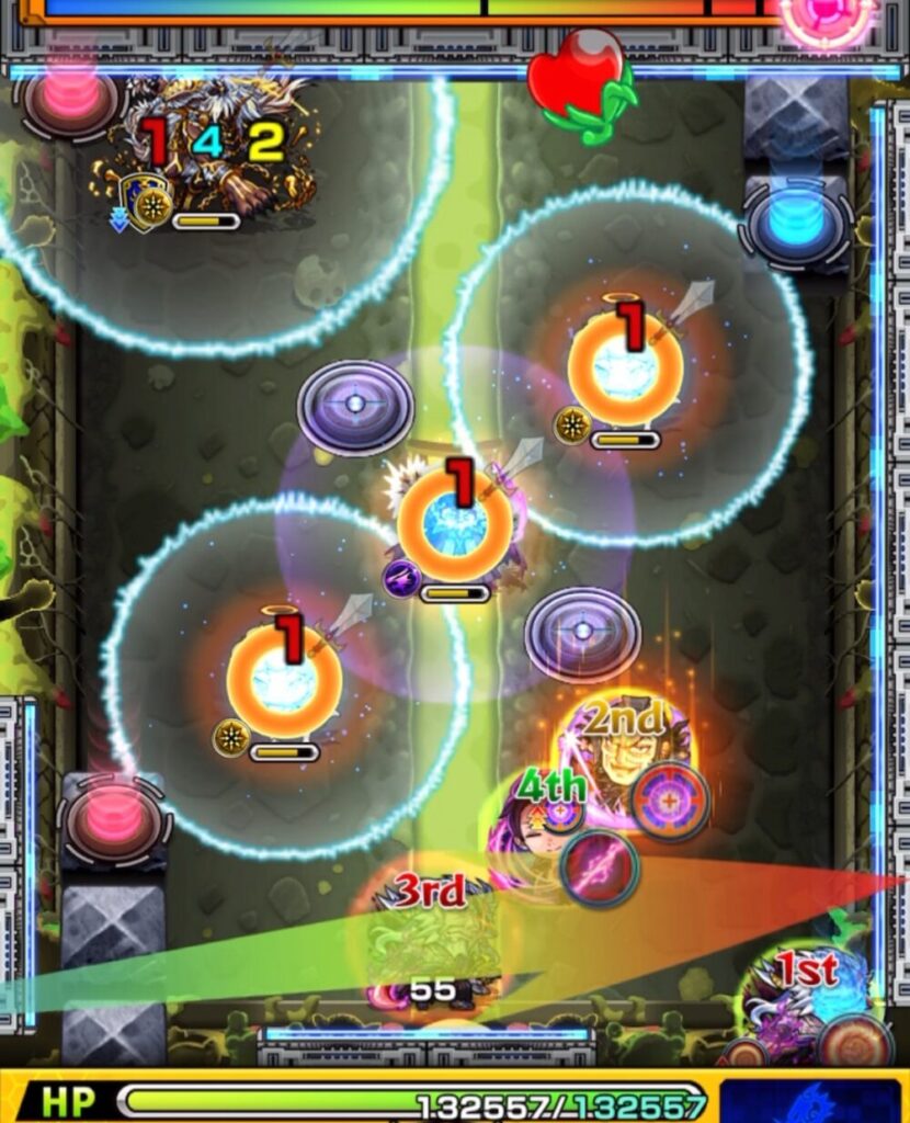 ステージ1の3手目。天使→魔導士→ 天使に触れて防御ダウンを発動し、青→赤テレポトンネルを経由してフェンリル横に出たものの、狙ったルートとは外れつつもフェンリルにわずかにダメージを与えた場面のスクリーンショット。