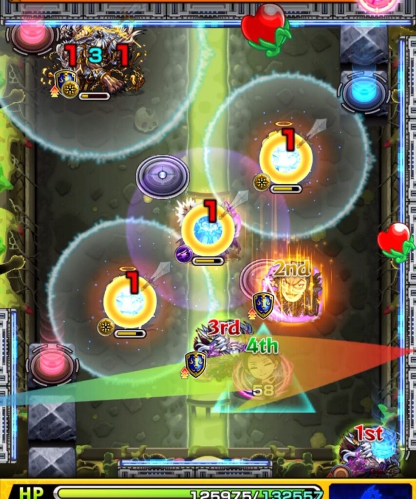 ステージ1の4手目。天使→魔導士→天使と触れて防御ダウンを発動し、青→赤テレポトンネル経由でフェンリルの弱点横に入り込み、狭い隙間で攻撃してフェンリルを処理しステージ1突破した場面のスクリーンショット。