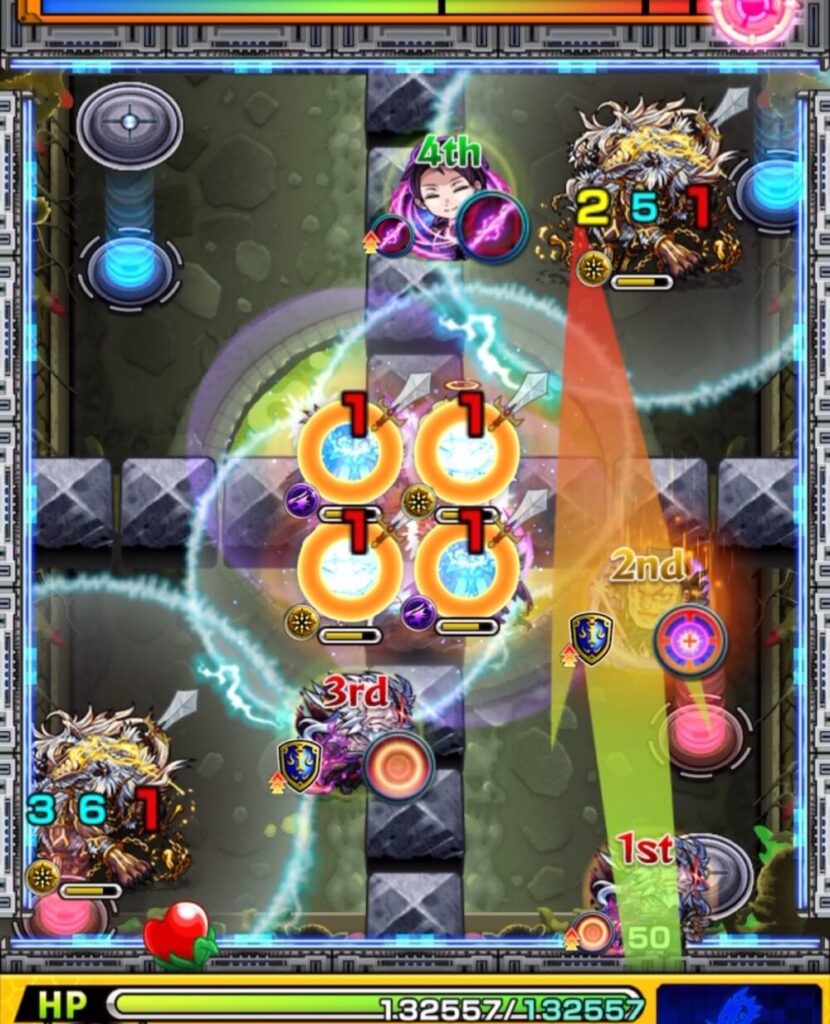 ステージ2の1手目。フェンリル→魔導士→天使と触れて攻撃力アップと防御ダウンを発動し、テレポトンネル経由で右上の隙間に入り込んでフェンリルを処理した場面のスクリーンショット。