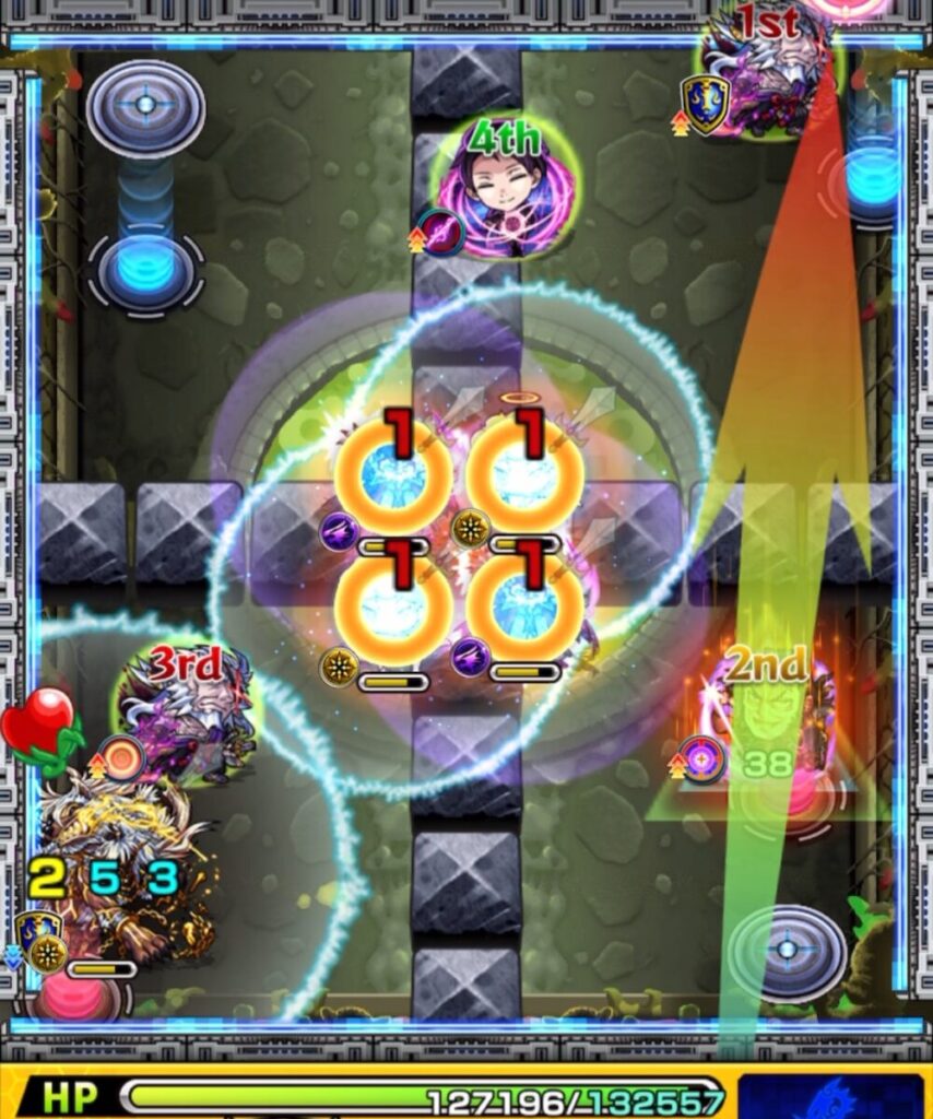 ステージ2の2手目。青テレポトンネルから進行し、魔導士と天使に触れて赤テレポトンネルへ向かうも、最終的に天使→魔導士へ触れてしまいフェンリルを防御アップさせてしまった失敗場面のスクリーンショット。