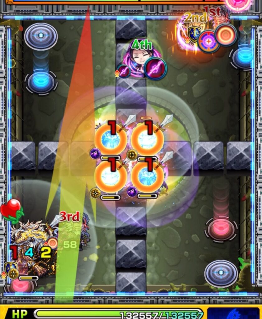 ステージ2の3手目。上壁から魔導士→天使に触れ、赤テレポトンネルを経由して左下フェンリルを攻撃し処理に成功した場面のスクリーンショット。